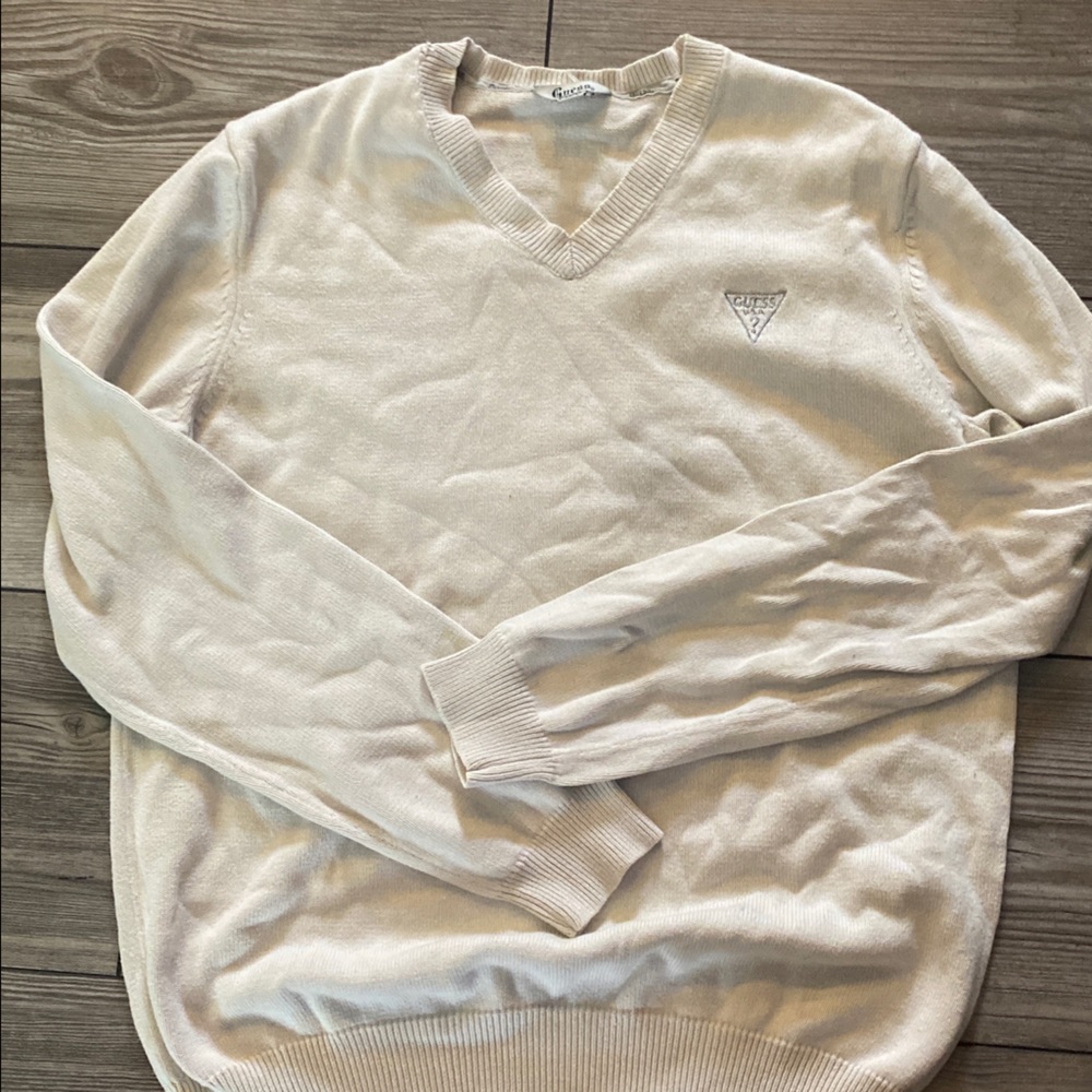 Vintage Cream Guess vee neck sweater with silver logo women’s medium